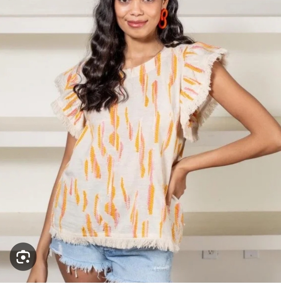 THML Tan and Orange Patterned Fringe Blouse